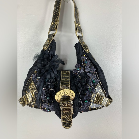 Vintage Y2K Mini Hand Black Bag with Jems, Beads and feathers | Festival… - Picture 1 of 12